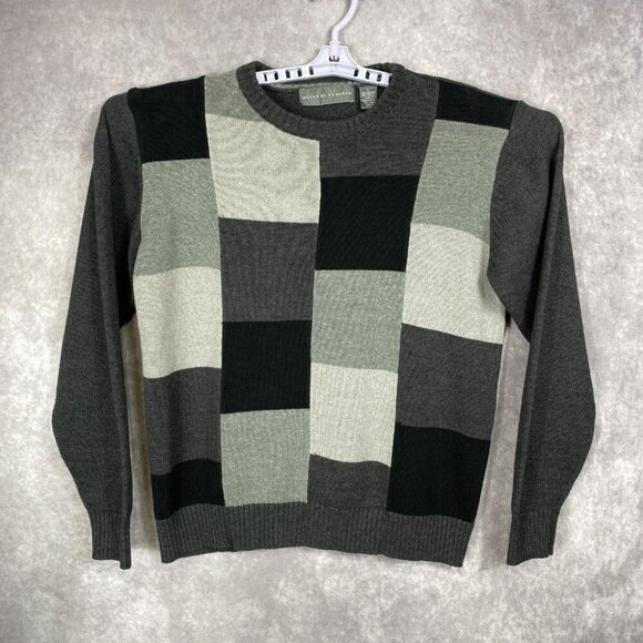 Oscar De La Renta Sweater Mens Large Gray Colorblock Geometric Knit Crewneck - Picture 2 of 8